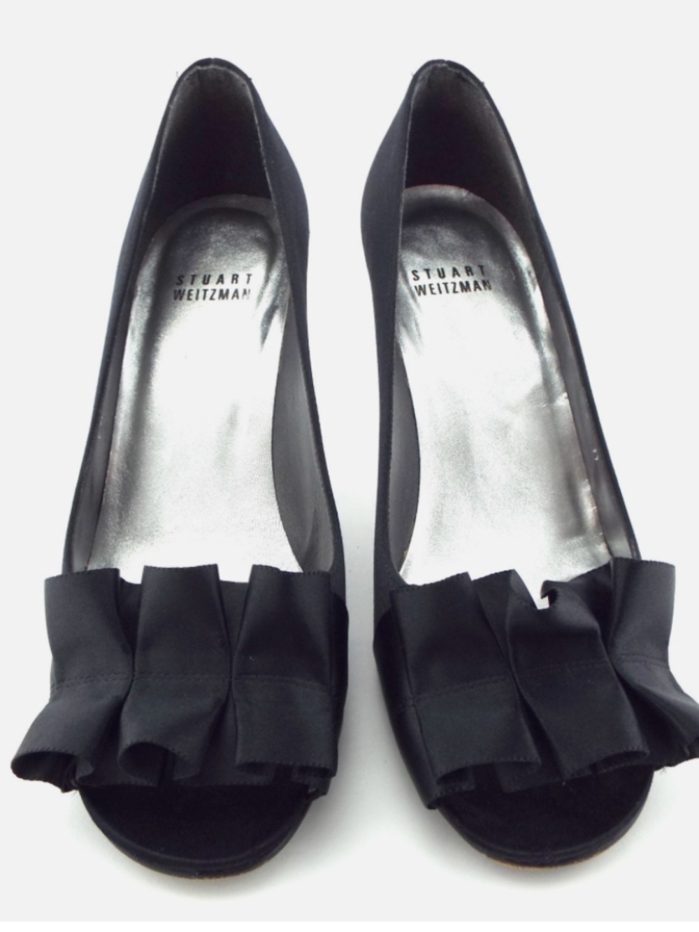 STUART WEITZMAN Gigiritz Black Satin Pump with Ruffle Peep Toe, Size 9